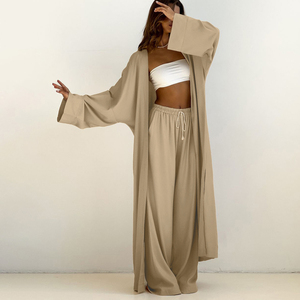 2025 caqui suelto Casual Loungewear verano pijamas pantalones y cárdigan largo mujeres <span class=keywords><strong>2</strong></span> piezas conjuntos para mujeres Robe Et Pantalon - Product Image 3