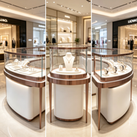Vitrine de présentation de bijoux incurvée, cadre en métal or rose, verre trempé, comptoir blanc, armoire incurvée avec éclairage LED, pieds en métal fins