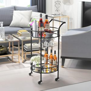 Metal and Glass Round <b>Wheel</b> Bar Trolley 2 Tier Rolling Bar with Bottle Compartment and Glass Holders Mid Century Serving <b>Table</b> - Product Image 6