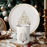Service de table de Noël en porcelaine fine avec bordure dorée, assiettes, bols et plats en céramique cuits à haute température, vaisselle de table pour hôtels et fêtes