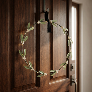Corona redonda rústica hecha a mano con hojas verdes y bayas blancas, flores decorativas, adorno navideño para colgar en la pared, pieza única - Product Image 1