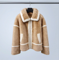 Manteau court en fausse fourrure de vison pour femme, camel clair, à côtes verticales, col large, fermeture éclair, double poches, coupe ample, luxe, vêtement d'extérieur d'hiver