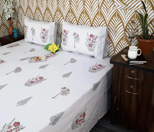 Parure de lit de qualité supérieure en coton indien fait main, drap plat imprimé à la main de Jaipur, motif floral bohème, 400 fils au pouce carré, pour lit Queen et King - Product Image 1