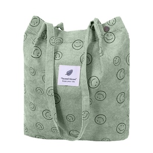 Sac fourre-tout en velours côtelé mignon avec imprimé visage souriant, sac à main esthétique de grande capacité, sac à bandoulière souple vintage pour les voyages et l'école - Product Image 3