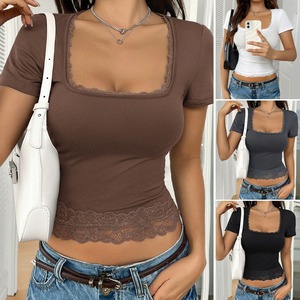 Top a strati sexy da donna 2026 Hot Sale, maglia semplice a tubino, traspirante, slim fit, in poliestere con finiture in <span class=keywords><strong>pizzo</strong></span> - Product Image 1