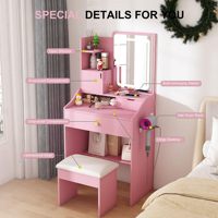 Tabouret de coiffeuse en bois éclairé couleur rose, durable et moderne, pour chambre à coucher et salon, avec 2 tiroirs et 5 armoires de rangement