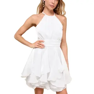 Low MOQ Women's Summer Dress White Organza Ruffled Mini Dresses Casual Sexy Chiffon Dress For Ladies