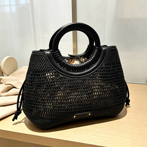Stylish Vacation <b>Ladies</b> Black Mesh Woven Tote <b>Bag</b> Round Leather Handle Drawstring <b>Side</b> Beach Travel Handbag - Product Image 4