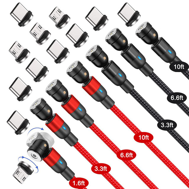 3-in-1 540 Degree Rotating Magnetic USB Cable with Nylon Jacket Fast Charging for Android Mobile Phones Camera & Computer
