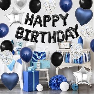Decoración <span class=keywords><strong>de</strong></span> <span class=keywords><strong>Cumpleaños</strong></span> Azul Marino y Negro <span class=keywords><strong>para</strong></span> Hombres y Mujeres con <span class=keywords><strong>Globos</strong></span> Azules, Negros y Blancos, Pancarta <span class=keywords><strong>de</strong></span> Feliz <span class=keywords><strong>Cumpleaños</strong></span>, Globo <span class=keywords><strong>de</strong></span> Estrella Metalizado - Product Image 6