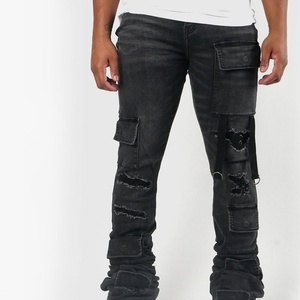 Jeans skinny empilés pour hommes, jeans cargo avec poches, jeans stretch premium délavés et usés pour hommes - Product Image 1