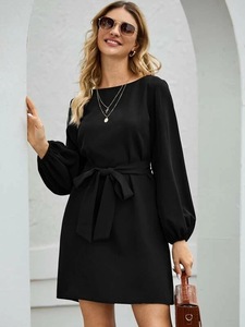 <span class=keywords><strong>Robe</strong></span> Courte <span class=keywords><strong>Femme</strong></span> Élégante à Manches Longues et Col Rond, Couleur Unie, Taille Nouée, Manches Bouffantes, Idéale <span class=keywords><strong>pour</strong></span> Soirées et Tenues Décontractées d'Automne - Product Image 5