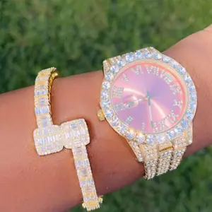 Hip Hop Iced Out Bling Full Diamond Quartz Watches Roman Numerals Polish Big Dial Wrist Women Watch Reloj Montre