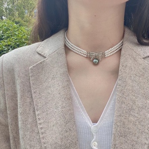 Nouveau produit Collier ras de cou en argent pur avec pendentif en perle noire naturelle de 12-13 mm, vert encre, sans défaut, tournesol classique, polyvalent, fin - Product Image 1