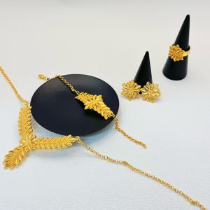 HanHanジュエリー<span class=keywords><strong>21K</strong></span>金メッキ銅花ジュエリーセットブレスレットイヤリングネックレスブライダルウェディングの機会ギフトアイデア真鍮 - Product Image 2