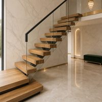Escalier flottant sur mesure avec marches en bois massif, balustrade en verre sans cadre, main courante en acier noir, escalier cantilever pour l'intérieur de la maison