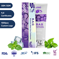 Vente en gros de 1000 pièces de dentifrice menthe violette avec logo personnalisé, améliore la luminosité du sourire et l'hygiène bucco-dentaire