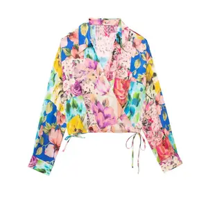 CS8772 New 2023 Summer Fashion V Neck Long Sleeve Color Block Floral Blouse Women Shirt Tops Garments 3