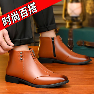 Bottines pour hommes à bout pointu en cuir avec fermeture éclair, doublure chaude en fourrure, antidérapantes, style Martin - Product Image 4