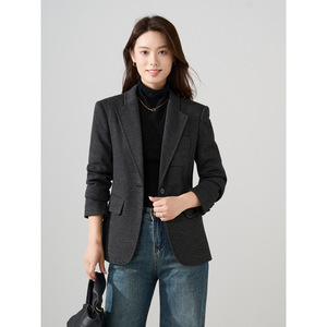 Women's Dark Gray Suit Jacket Slim Fit Full Sleeve Anti-Wrinkle Professional Blazer For Office Wear - Product Image 5