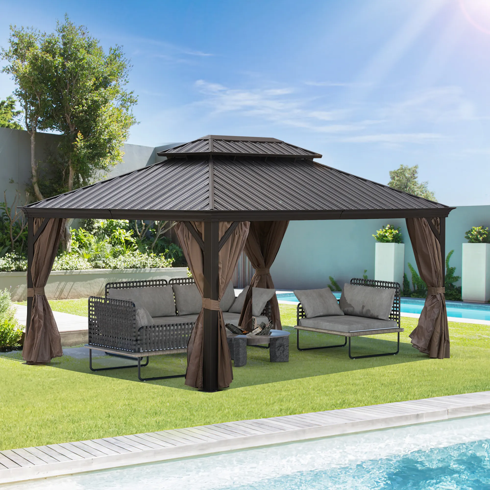 2024 vente Hardtop extérieur Gazebo Duty pare-soleil auvent aluminium arrière-cour pavillon extérieur étanche toit en métal gazebos