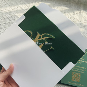 Luxury Emerald Green Velvet Hardcover Wedding Invitation Set Gold Foil Clear Acrylic <strong>Card</strong> Handmade 2mm/3mm Thick Stylish Paper - Product Image 6
