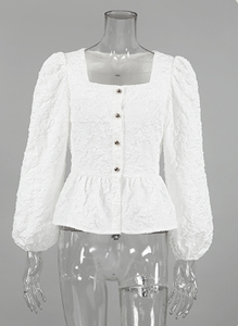 Chemise de bureau haut de gamme en jacquard de style français pour femmes, à col carré, à <span class=keywords><strong>manches</strong></span> <span class=keywords><strong>bouffantes</strong></span>, anti-boulochage, vintage, printemps, Y00498 - Product Image 5