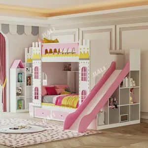 Розовая деревянная двухъярусная кровать в виде замка принцессы, детская кровать принцессы для детей, для девочек, с хранилищем, лестница, горка, гардероб