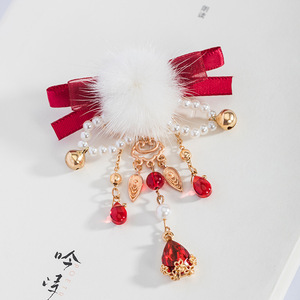 Pinzas para el pelo con pompones, accesorios para el cabello rojos, borlas de cinta de estilo chino, estilo antiguo Hanfu, tocado de felpa para el Año Nuevo, largo - Product Image 3