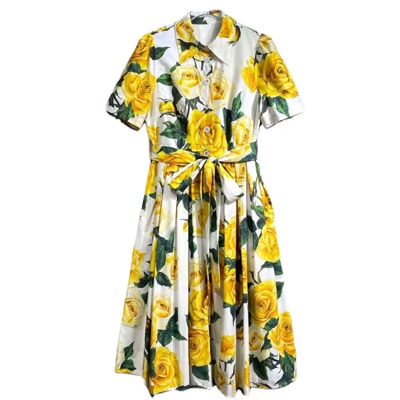2024 Summer Fashion Dress Yellow Flower Print Short Sleeve Women's Party Dress