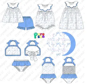 Newest design girl little outfit bow floral girls clothing sets scalloped collar baby clothes girls