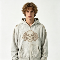 Sweat à capuche zippé épais ivoire, délavage vintage, imprimé crâne et rose, délavage acide, streetwear, effet pulvérisé, en molleton de coton
