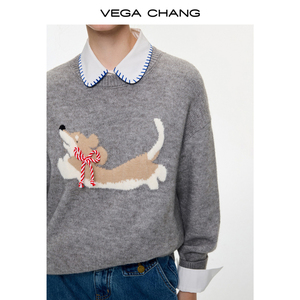 VEGA CHANG Nuovo Maglione Invernale da Donna <span class=keywords><strong>con</strong></span> Motivo Jacquard a Cuccioli, Morbido Top Grigio <span class=keywords><strong>con</strong></span> Dettaglio Colletto Bianco per Stile Casual Denim Blu - Product Image 2