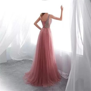 Elegant Pink Long Evening Gown With Sequins Deep V-Neck A-Line Chiffon Slit Empire Waistline - Product Image 4