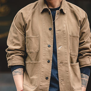 Vêtements de travail américains Logo personnalisé Veste de corvée Cuir taupe de haute qualité Cargo français lourd Veste rétro multi-poches - Product Image 1