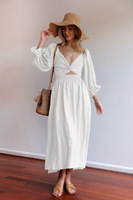 Vente en gros de robe de mode élégante à manches longues pour femme, col en V, robe grande taille pour femme, robes décontractées amples