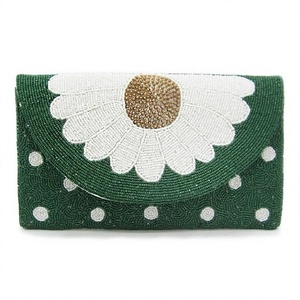 Handmade Beaded <b>Clutch</b> <b>Green</b> Daisy Pattern Morden Luxury Style Glass Storage <b>Bag</b> Rectangle Shape Stitched Design 100% Cotton 3L+ - Product Image 1