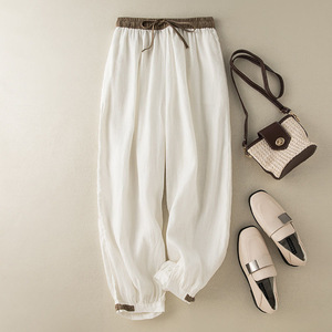 Women's Cotton Linen Harem Pants High Waist Elastic Breathable Casual Tapered Leg Cropped Green White Natural Linen - Product Image 2