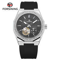 Jam Tangan Pria FORSINNING Mewah Otomatis Stainless Steel Analog Kaca Desain Berlian 3D Hollow Luminous Tourbillon Tahan Air 3BAR