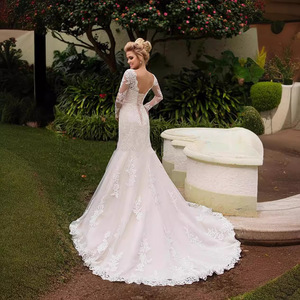 White Mermaid Lace Wedding Dress O-Neck Backless Long Sleeve Natural Waistline 2026 European American Style - Product Image 3