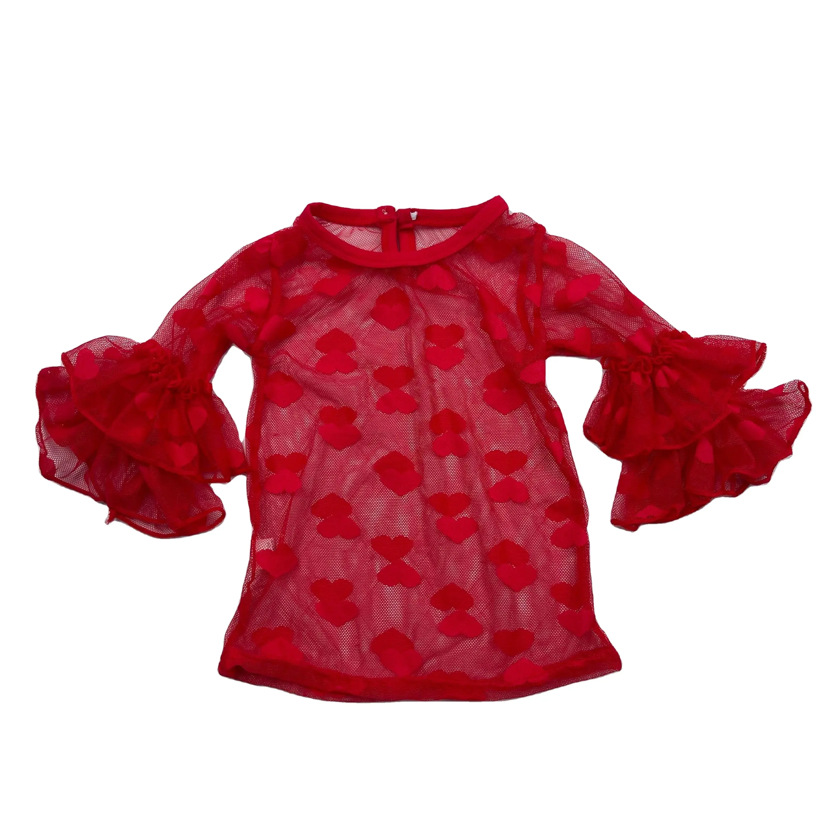 LZ2022 Wholesale Baby Girls Fashion lace tshirt Top Shirt Baby Girls Bell Bottom Sleeve Lace TShirt Kids heart Base top
