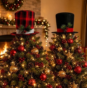 Bestselling Top Hat <b>Christmas</b> <b>Tree</b> <b>Topper</b> Set Red Black Tartan Pine Ornaments Xmas <b>Tree</b> Top Decorations - Product Image 2