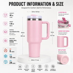 Le Gobelet Isotherme FLOWSTATE 40oz en Acier Inoxydable à Double Paroi, Isolation Sous Vide, Portable, Rose, avec Poignée et Couvercle, Idéal pour les Fêtes - Product Image 5