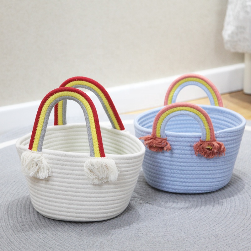 Оптовая продажа, Детская Милая плетеная корзина из хлопкового шнура, корзины для одежды, коробка для хранения, корзина для хранения с ручками
