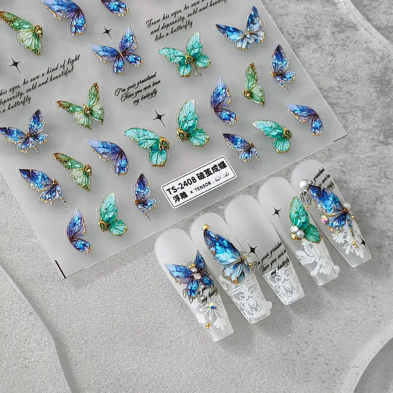 TENSOR – autocollant fin tridimensionnel en caoutchouc pour ongles, nouveau modèle de papillon artisanal, Style de luxe léger 2023, autocollant de bijoux pour ongles