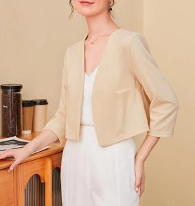 Giacca Elegante <span class=keywords><strong>da</strong></span> Donna Color Albicocca, Senza Colletto, Manica 3/4, Aperta sul Davanti, per Ufficio e Business - Product Image 2