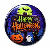 Badge en fer blanc personnalisé, motif fantôme de dessin animé moderne pour Halloween, impression UV, faible MOQ, vente en gros d'usine, pour festivals et fêtes