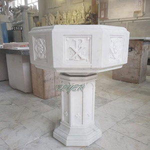 Fonte di Acqua Santa per Chiesa con Motivi Europei in Marmo Scolpito, Lavabo per Battesimo - Product Image 2