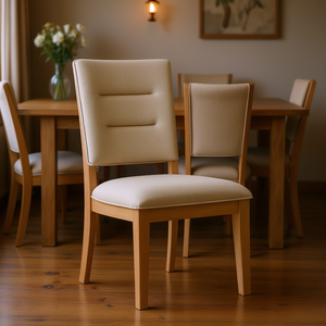 Sedia da Pranzo con Finitura in Rovere Chiaro, Seduta e Schienale Imbottiti in Tessuto Beige, Stile Ladderback, Arredamento per Cucina in Legno - Product Image 2