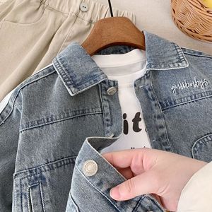 جاكيت دنيم بتصميم عتيق للأولاد والبنات ، معطف قطني صغير متوسط الحجم مغسول بألواح ، معطف غير رسمي للخريف والشتاء - Product Image 3